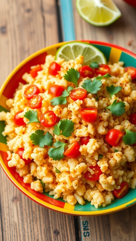 A bowl of cauliflower Mexican rice with tomatoes and cilantro on a wooden table with lime wedge.